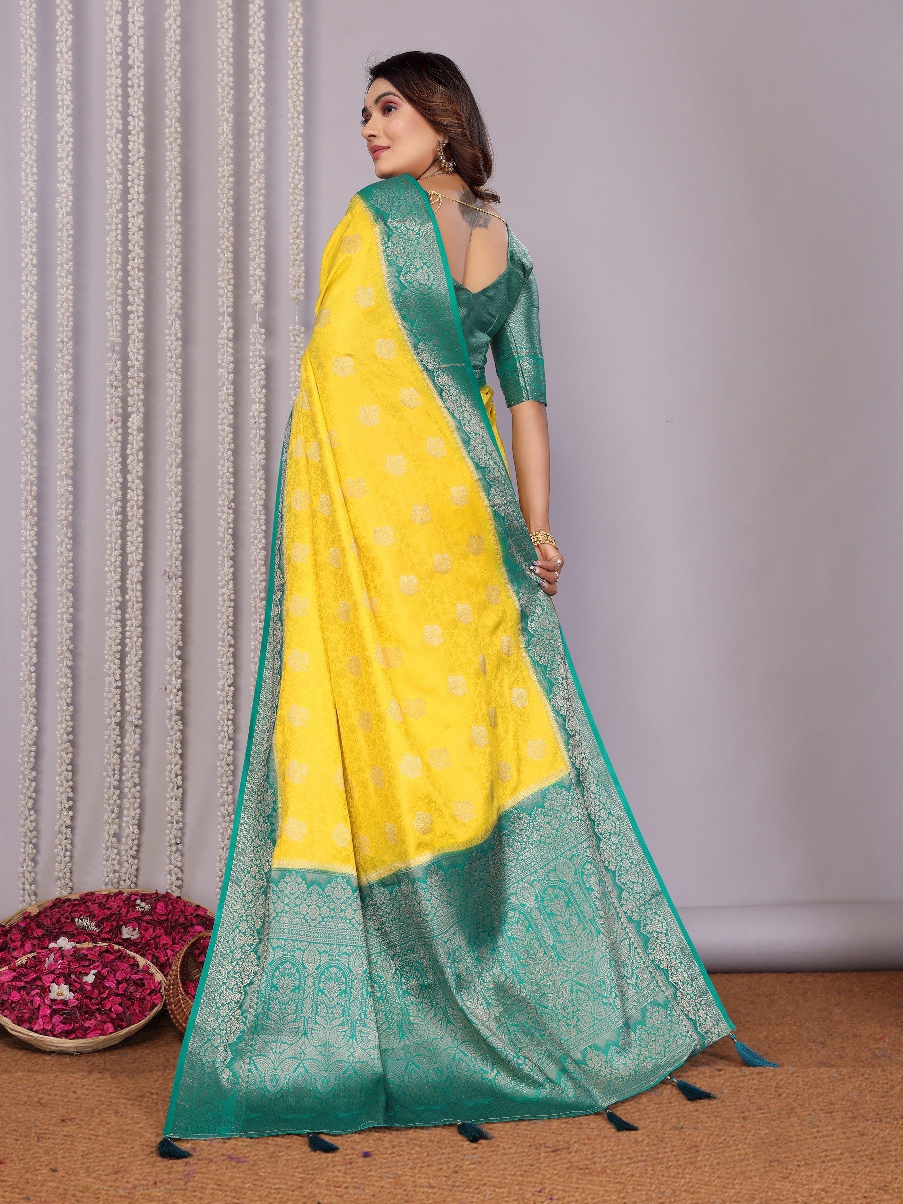 Zari Butta and Contrast Border Satin Silk Saree