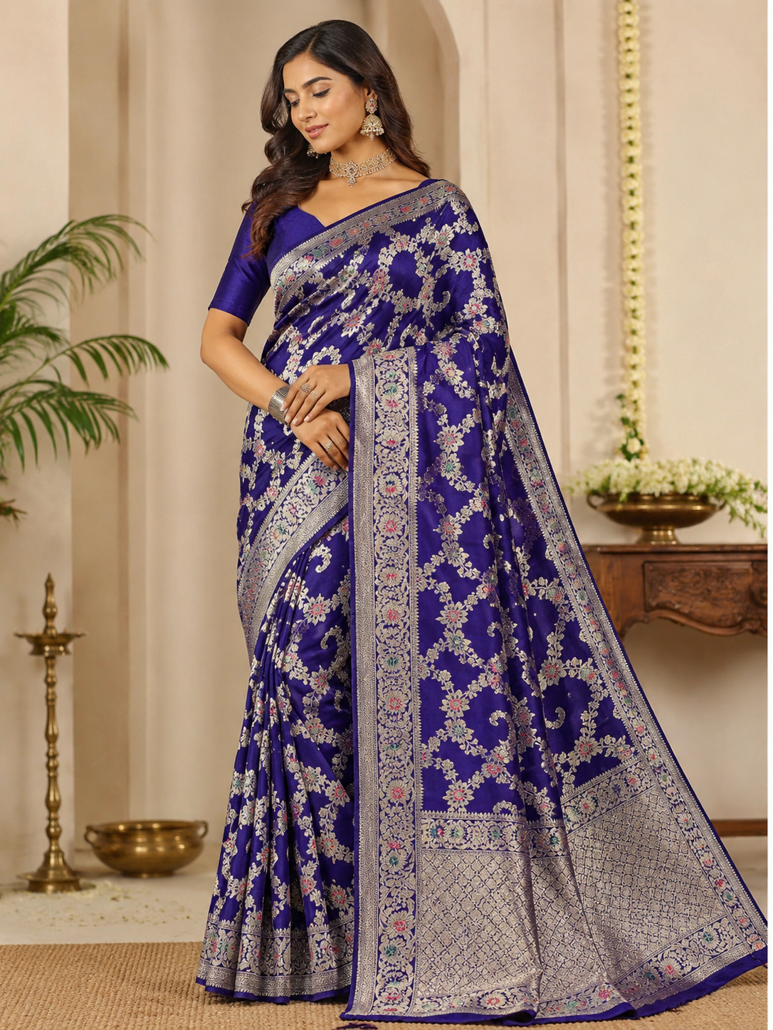 Royal Banarasi Silk Saree with Floral Mina Design Main image