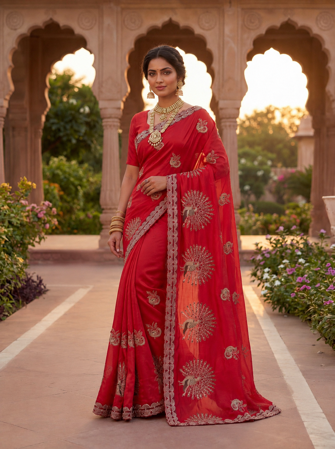 Beautifully Embroidered Fendy Satin Saree Main image
