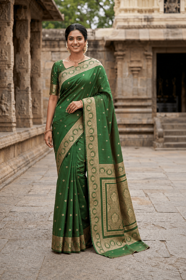 Green color Banarasi Zari Soft Silk Saree
