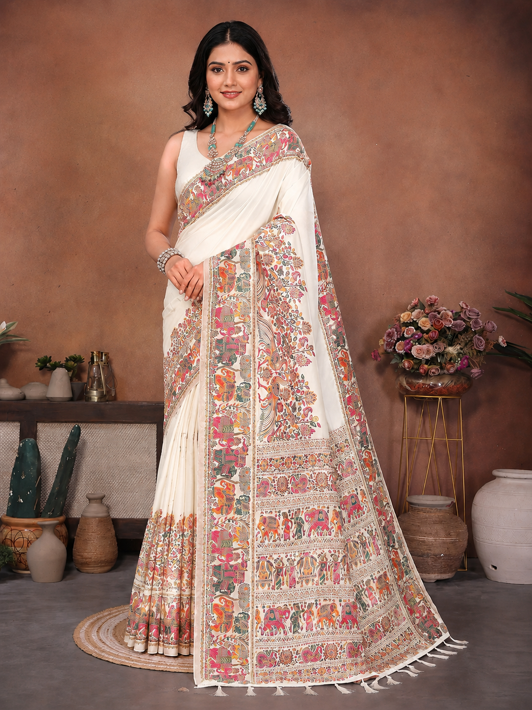 Redolent Beige Pashmina Saree With Embrocation Blouse Piece Main image