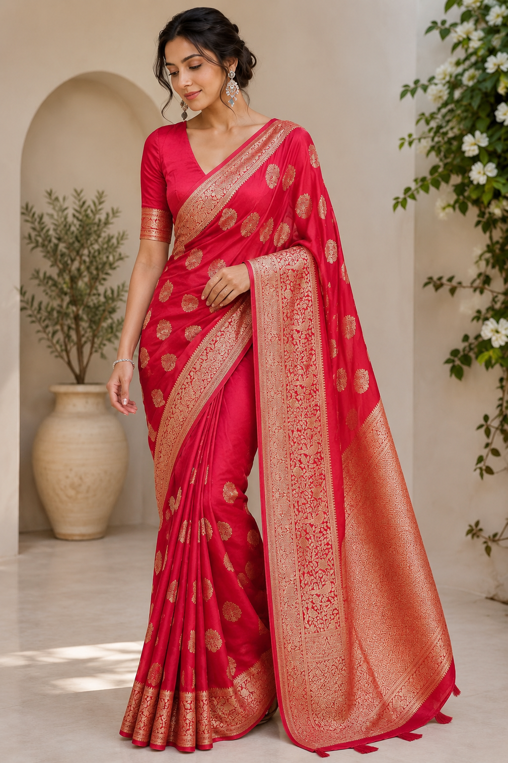 A glam Red Soft Silk Saree With Classic Blouse Piece