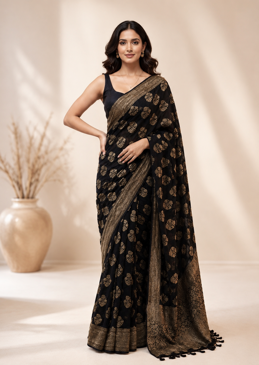 Confounding Black Soft Silk Saree With Snappy Blouse Piece Main image