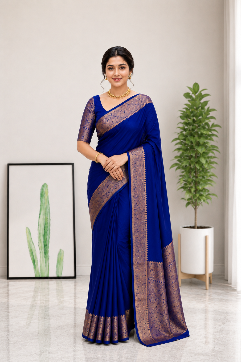 Ideal Royal Blue Soft Silk Saree With Bucolic Blouse Piece Main image