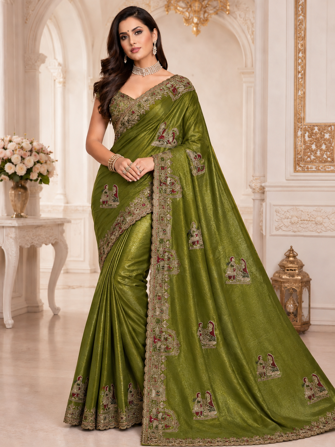 Green Tesla Silk Embroidered Saree Main image