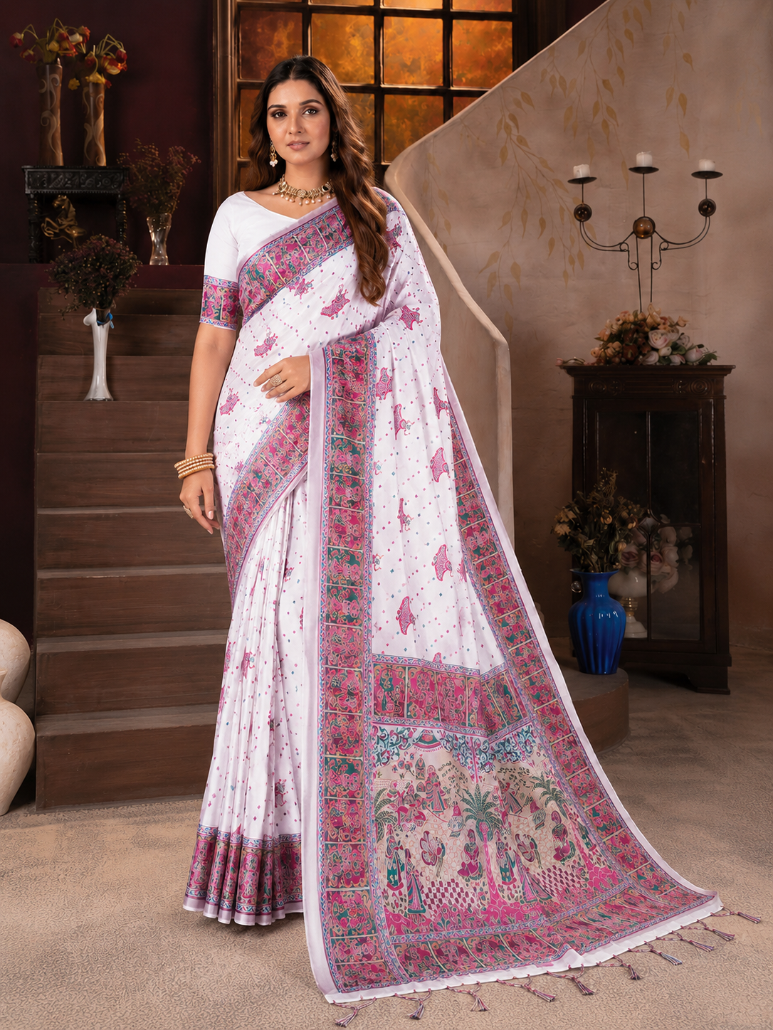Scrupulous Off White Pashmina Saree With Evocative Blouse Piece Secondary image
