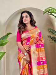 Attractive Benarasi Silk Multi Color Orange Pink Saree