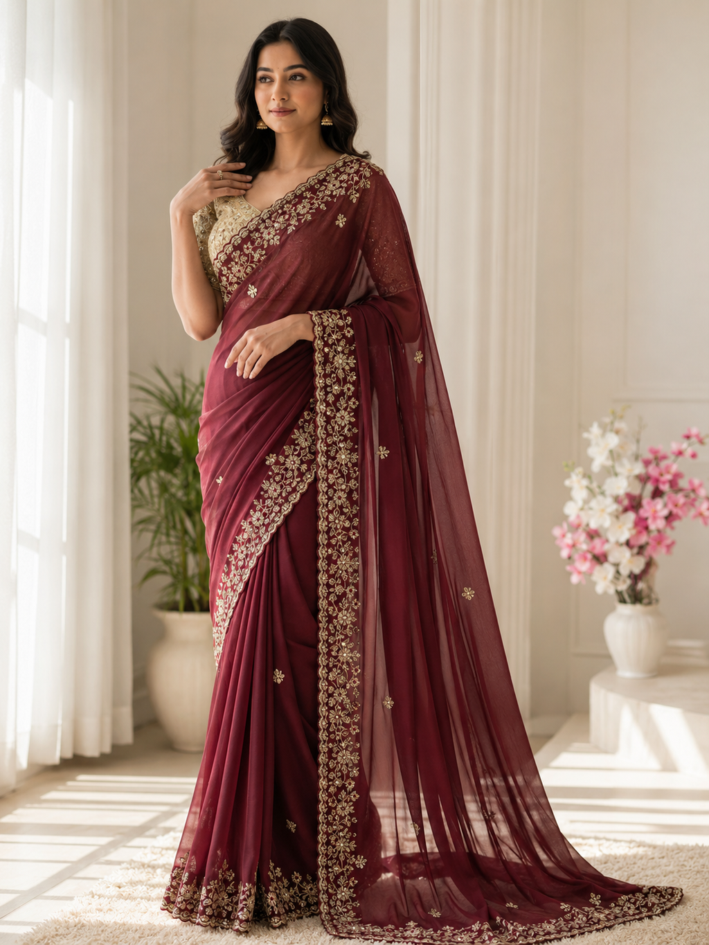 Fandy Satin C-Pallu Saree and Designer Stitched Blouse