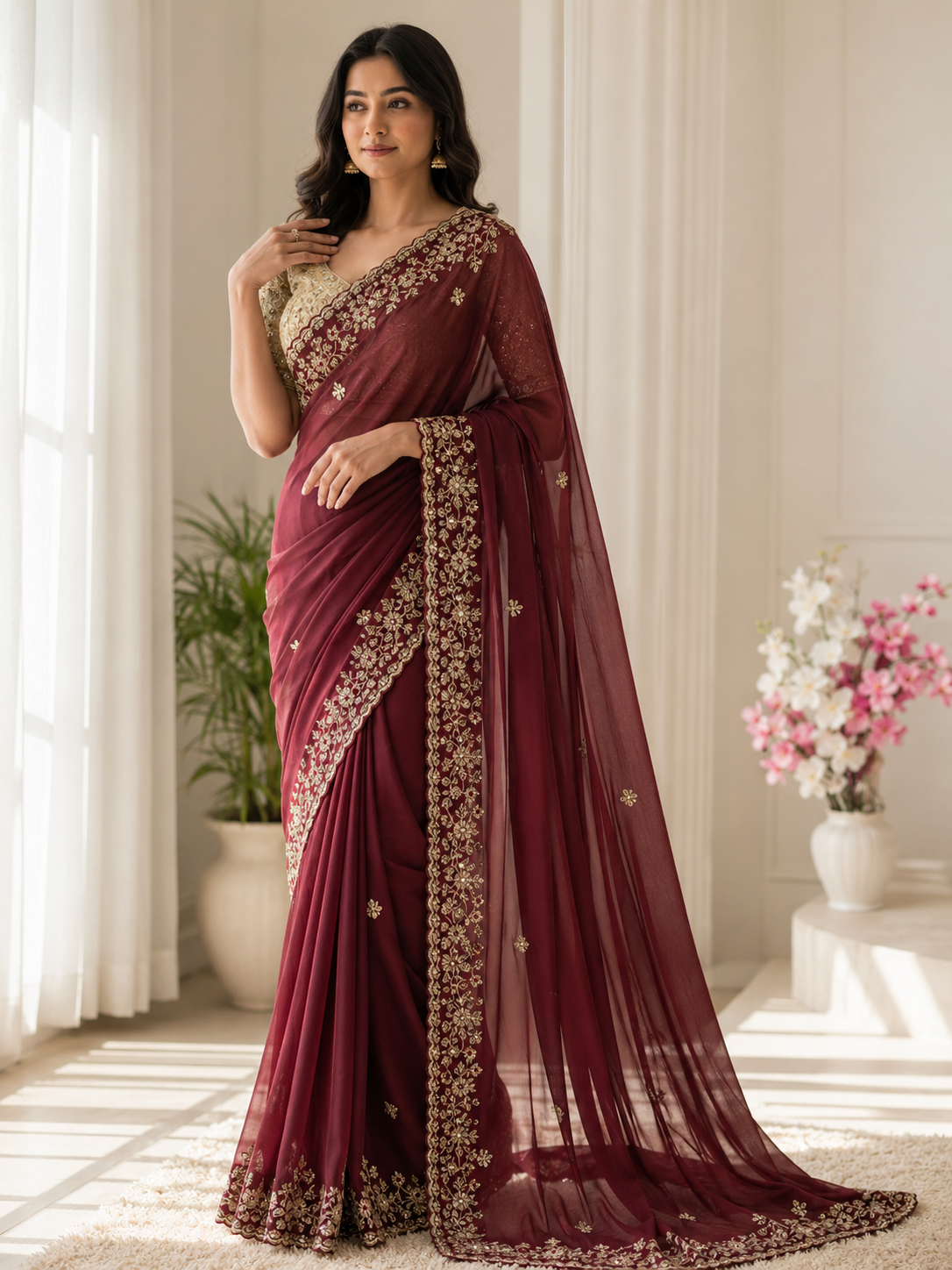 Fandy Satin C-Pallu Saree and Designer Stitched Blouse