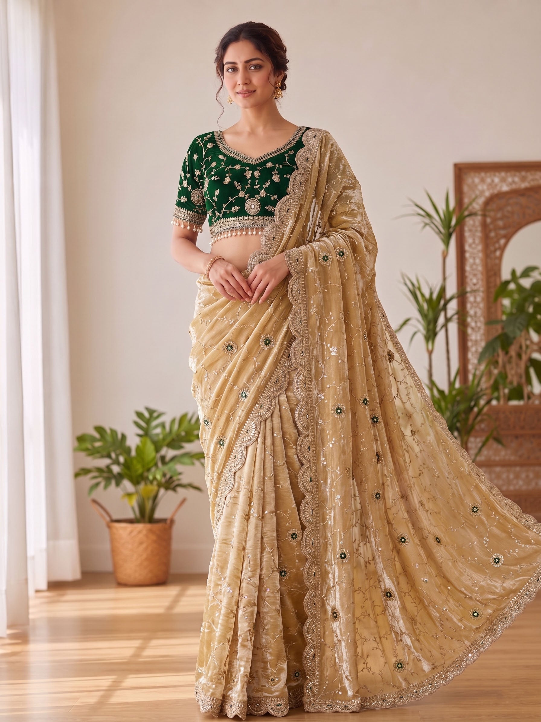 Embroidered Satin Saree with Heavy Sequin Blouse Main image