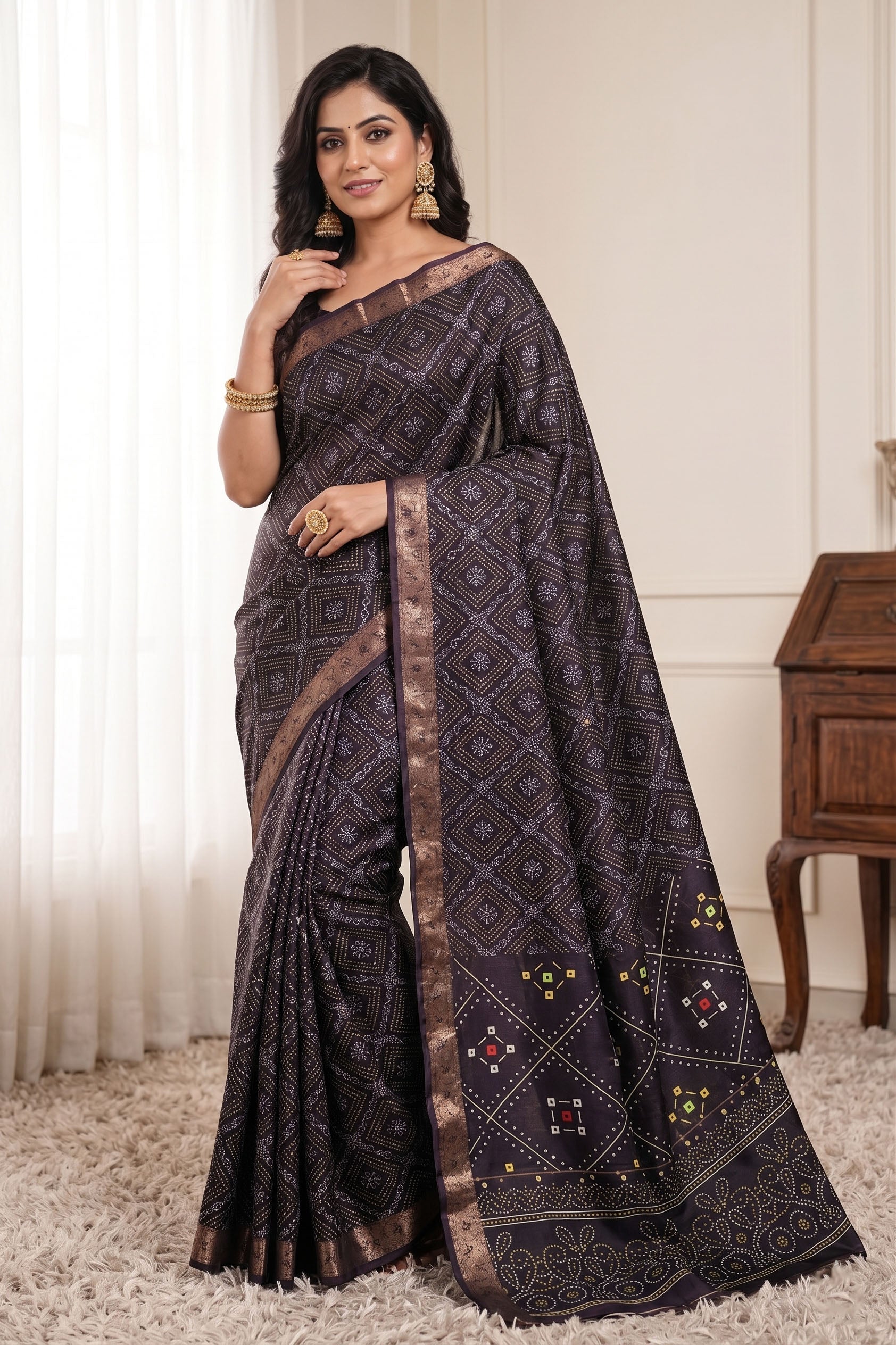 Bandhani Print Soft Silk Blend Saree with Rich Golden Zari Border Main image