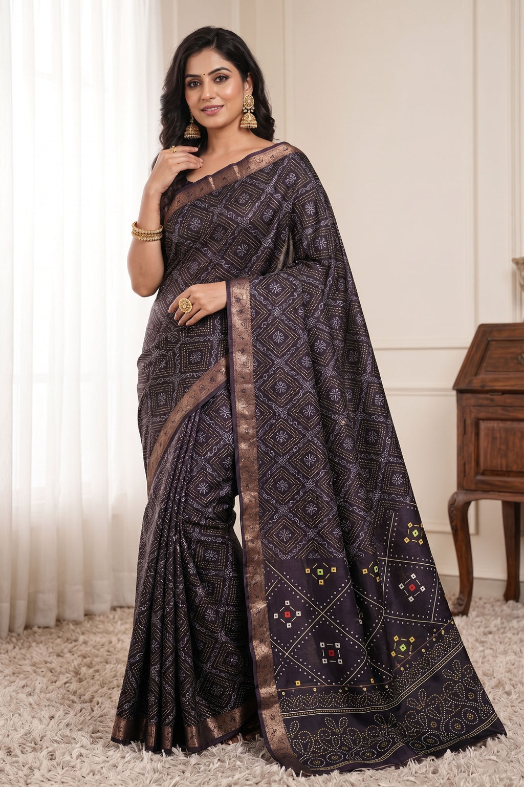 Bandhani Print Soft Silk Blend Saree with Rich Golden Zari Border