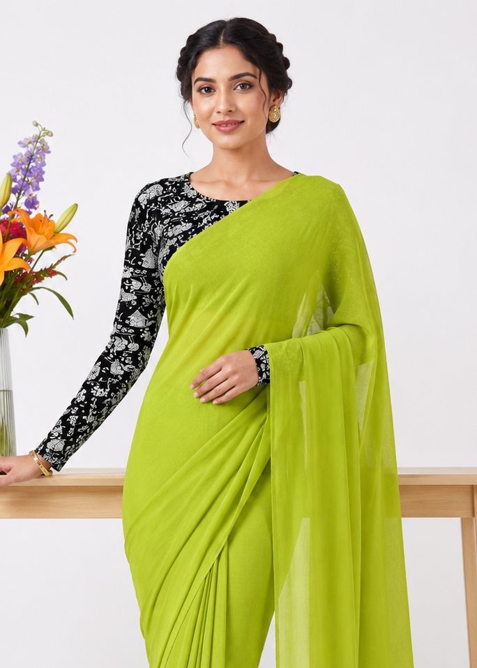 Elegant Khadi Cotton Saree with Stretchable Ajrak Print Blouse
