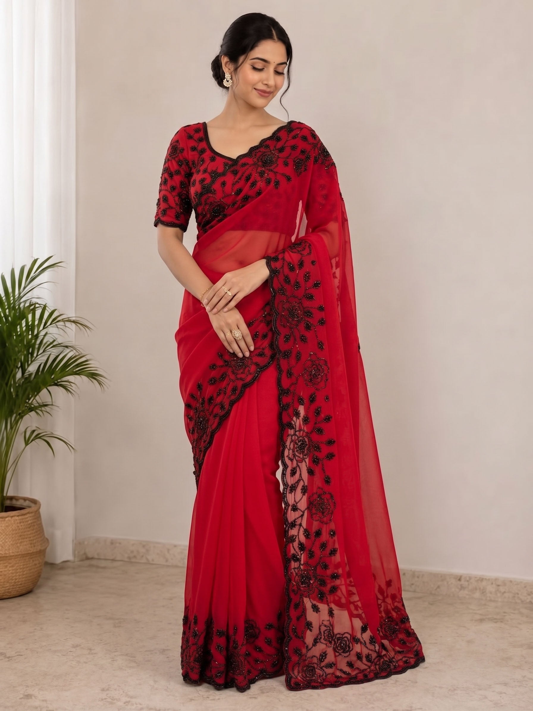Designer Fox Georgette Saree with Black Beads Work