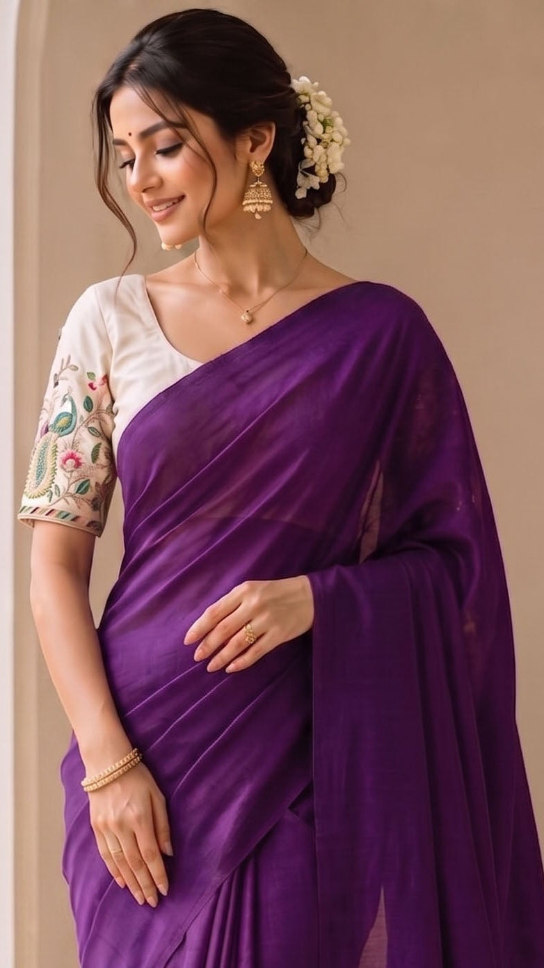 Khadi Cotton Saree with Embroidered Padded Blouse Main image