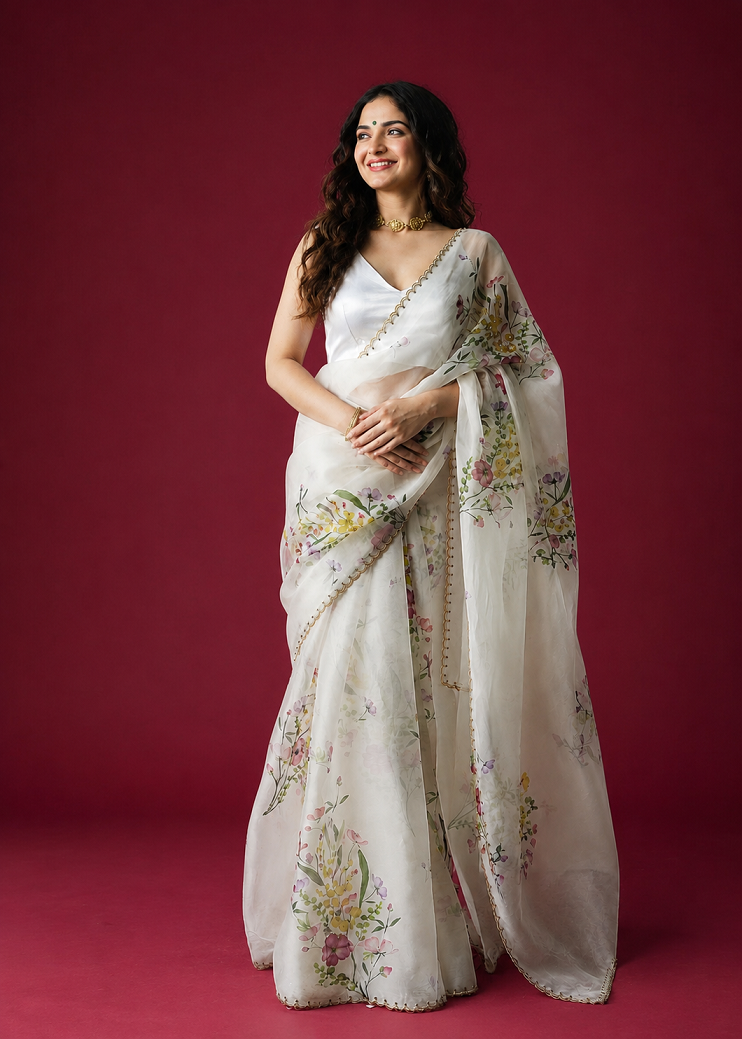 Soft Tabby Silk Saree with Sequins & Katdana Handwork