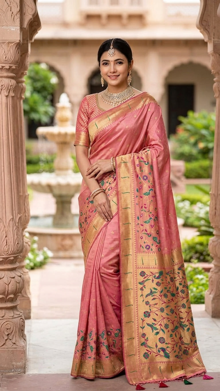 Tissue Silk Paithani Saree with Meenakari Pallu