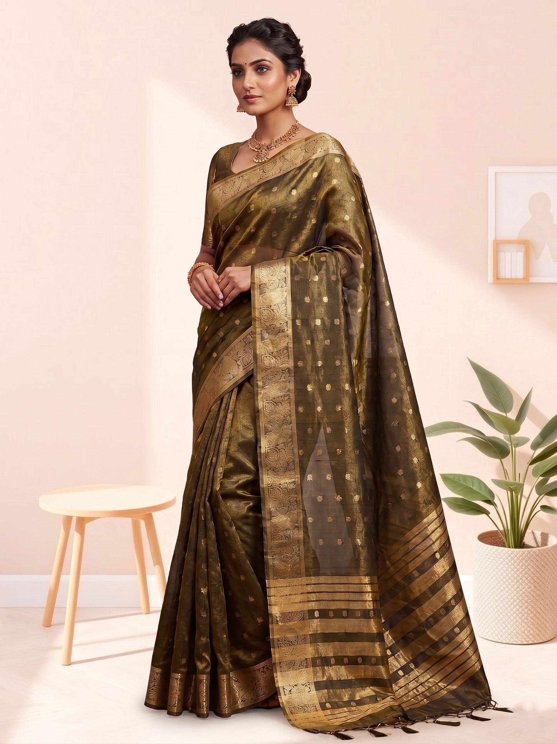 Golden Butti Khadi Shimmer Saree Main image