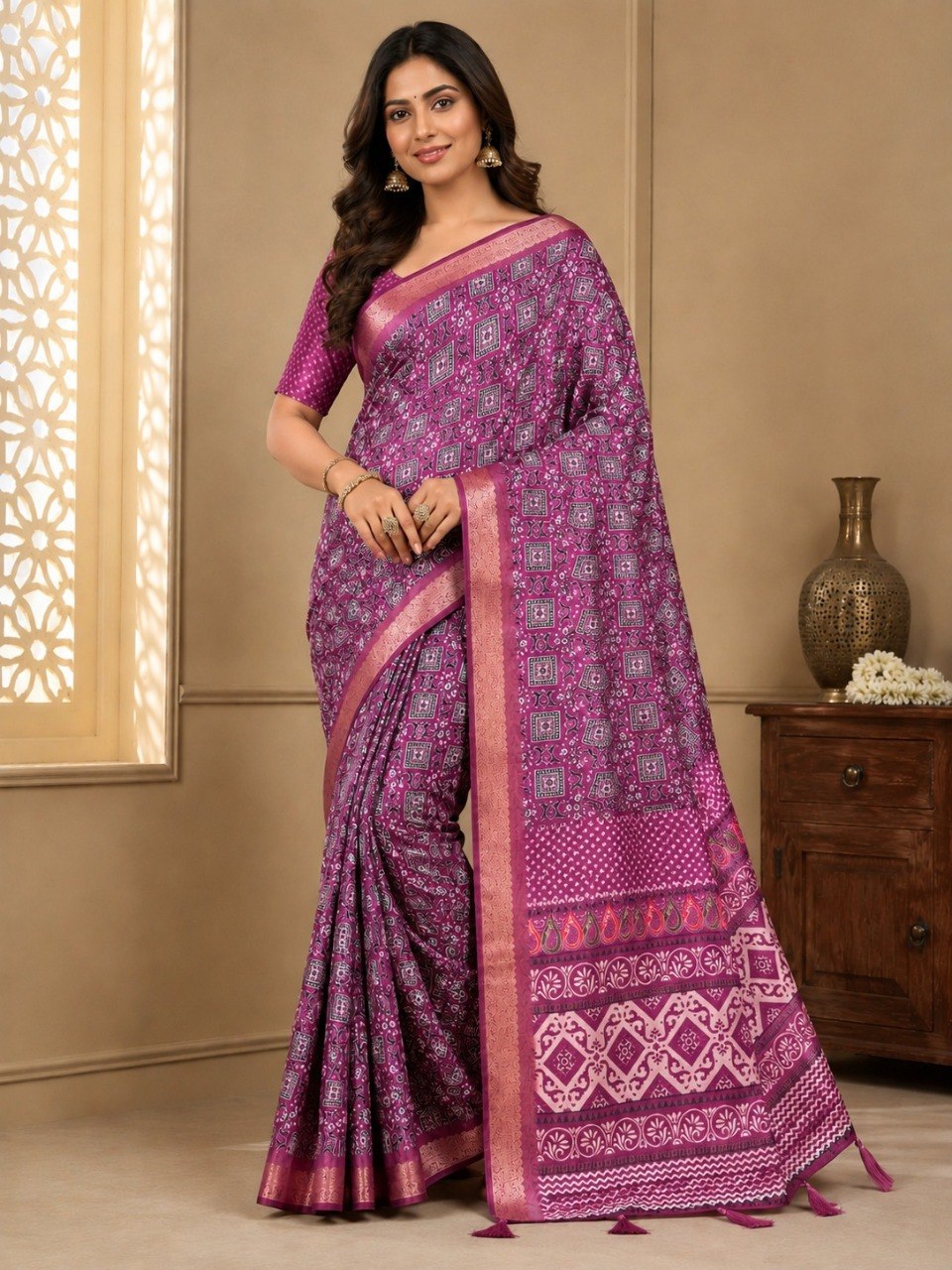 Premium Ajrakh Print Silk Blend Saree Main image