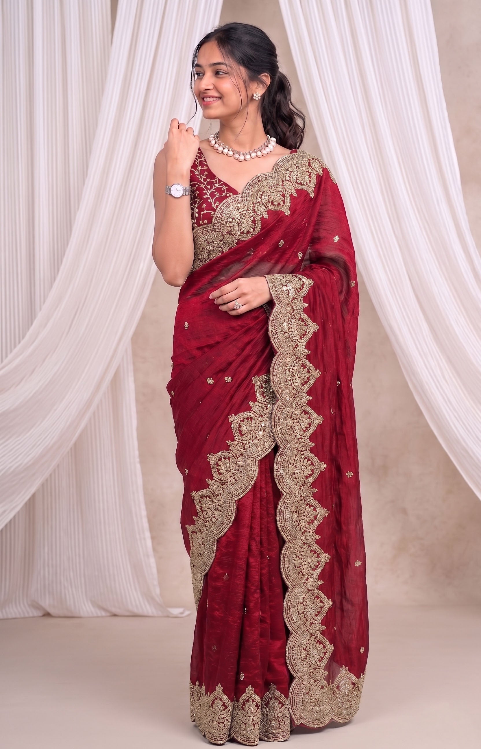 Premium Fandy Chiffon Saree with Sequins Zari Work Main image