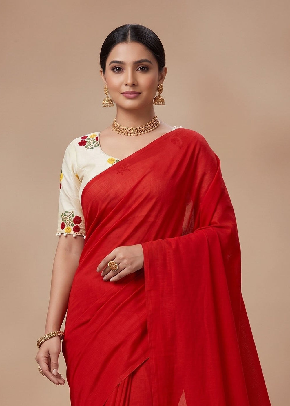 Elegant Khadi Cotton Saree with Embroidered Padded Blouse Main image