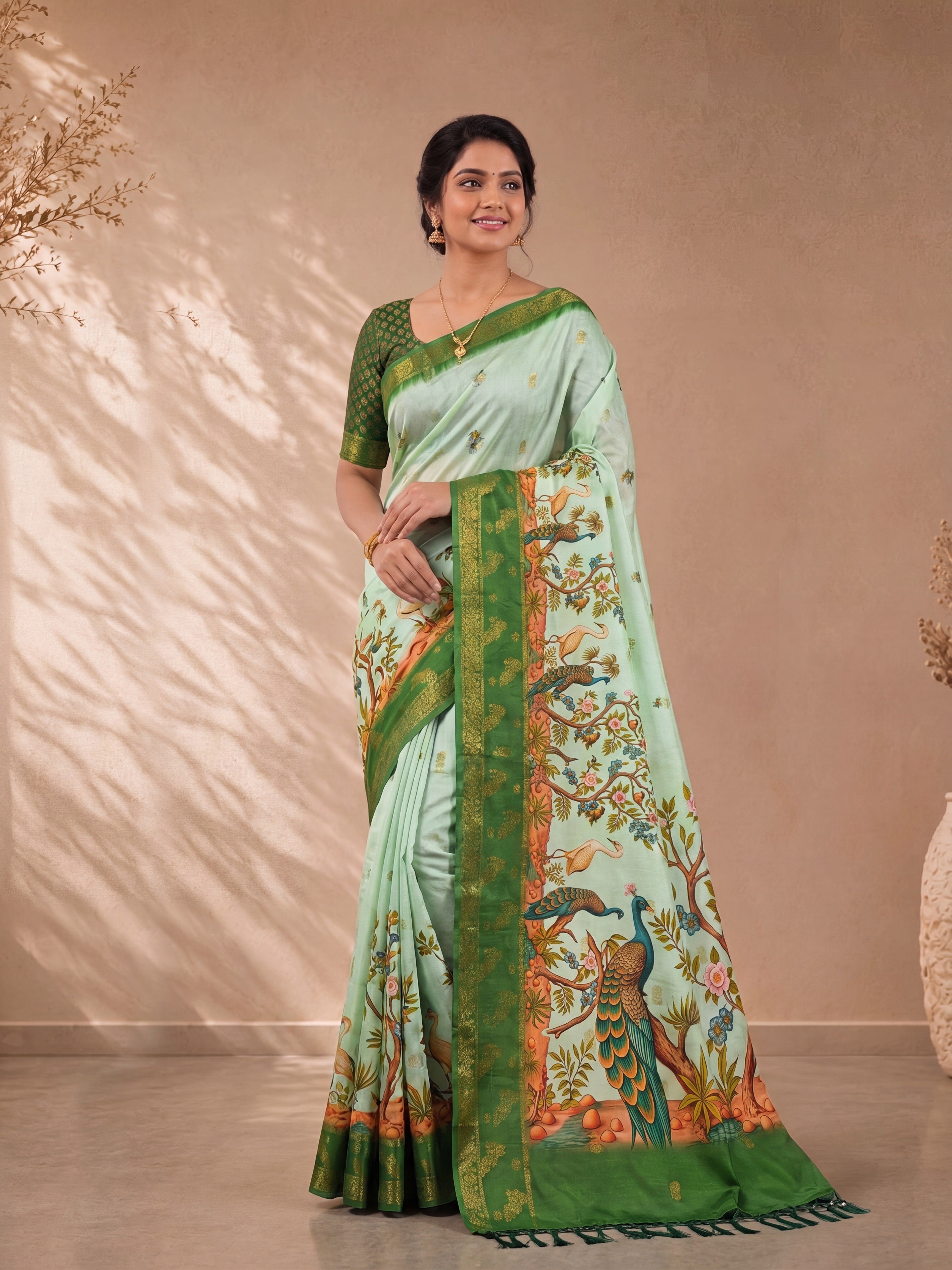 Digital Kalamkari Cotton Saree with Zari Border Secondary image