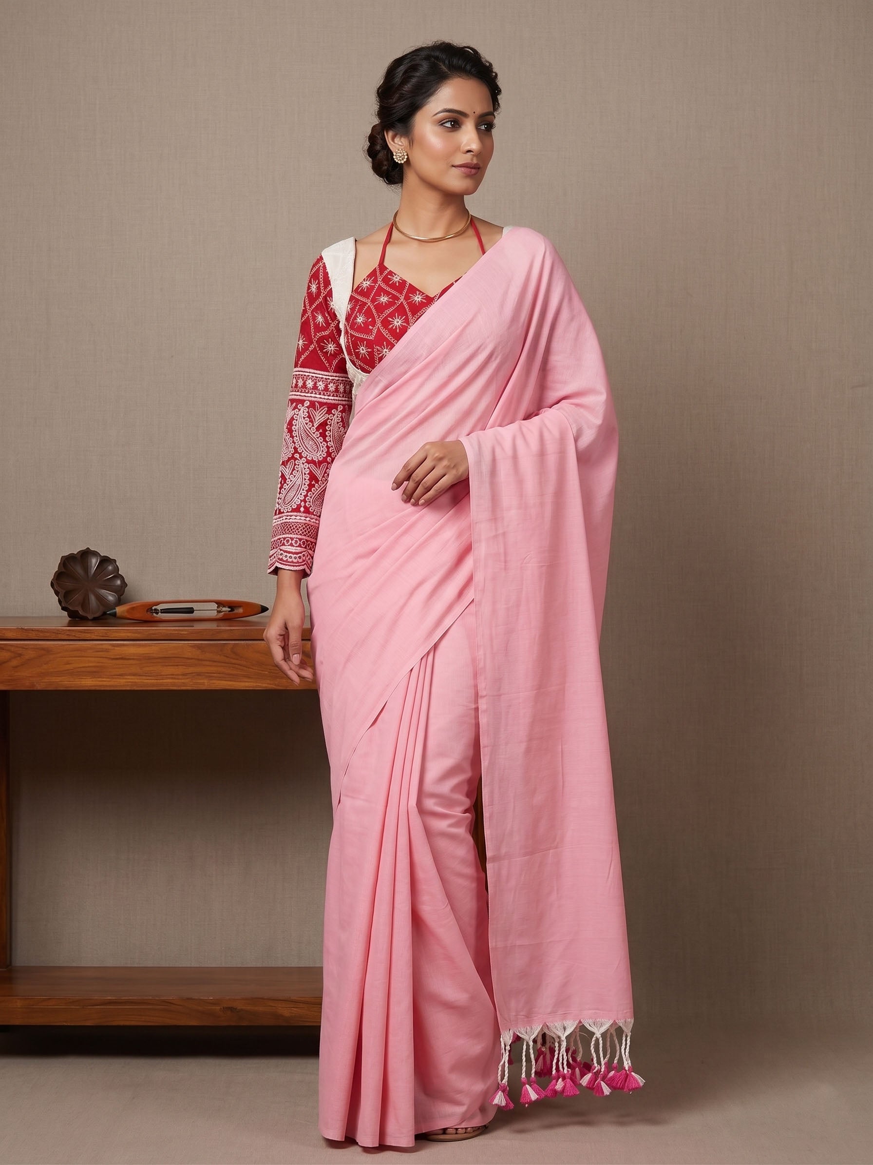 Classic Khadi Cotton Saree with Chikankari Blouse Main image