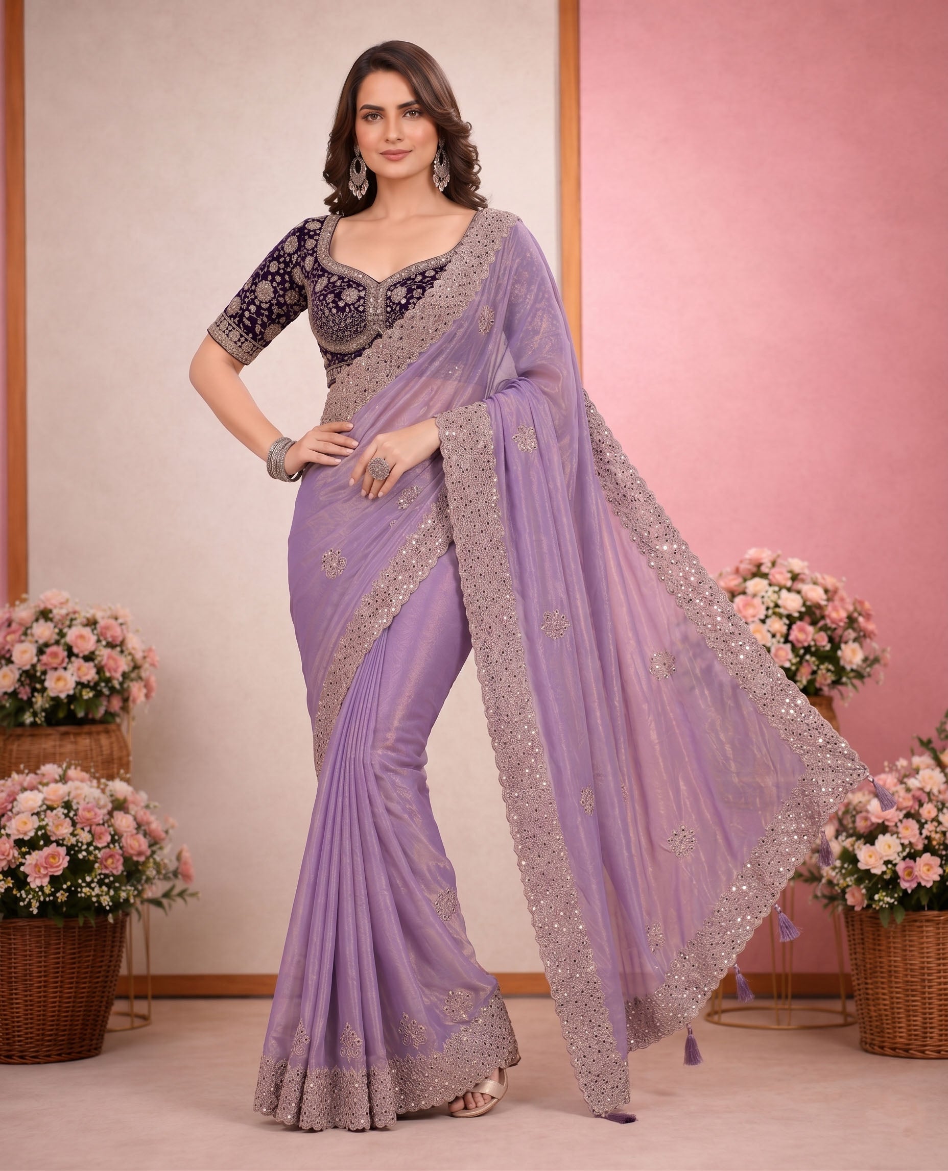Elegant Satin Embroidered Saree with Sequins Border