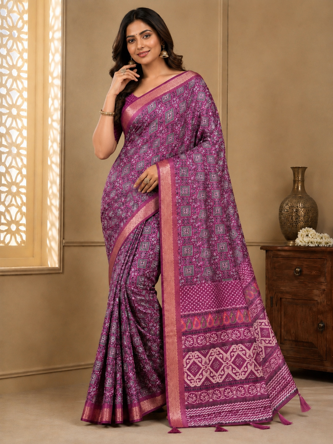 Premium Ajrakh Print Silk Blend Saree