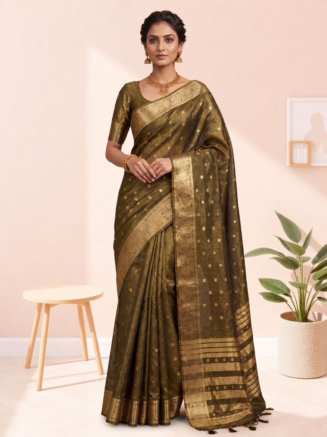 Golden Butti Khadi Shimmer Saree Secondary image