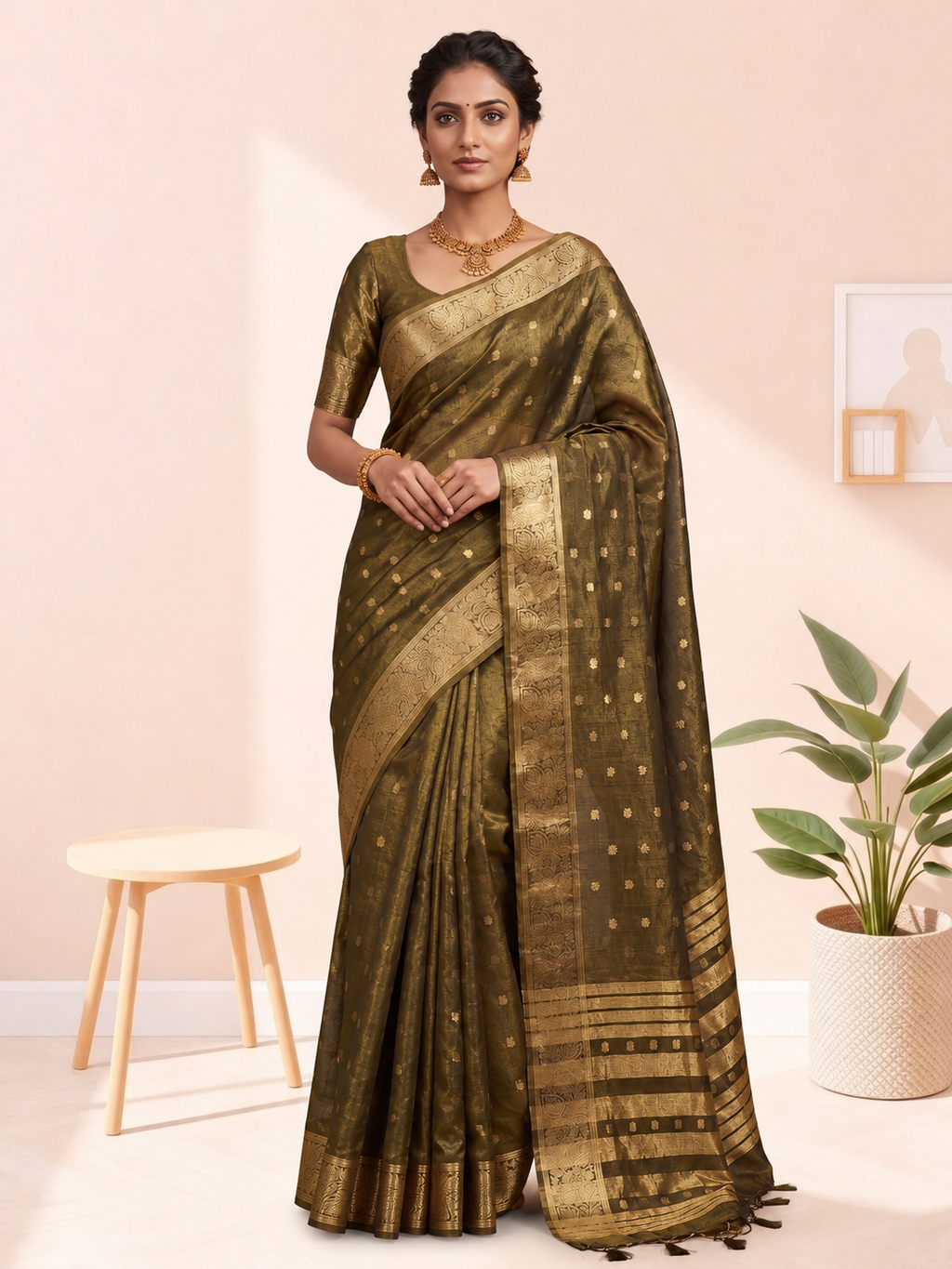 Golden Butti Khadi Shimmer Saree