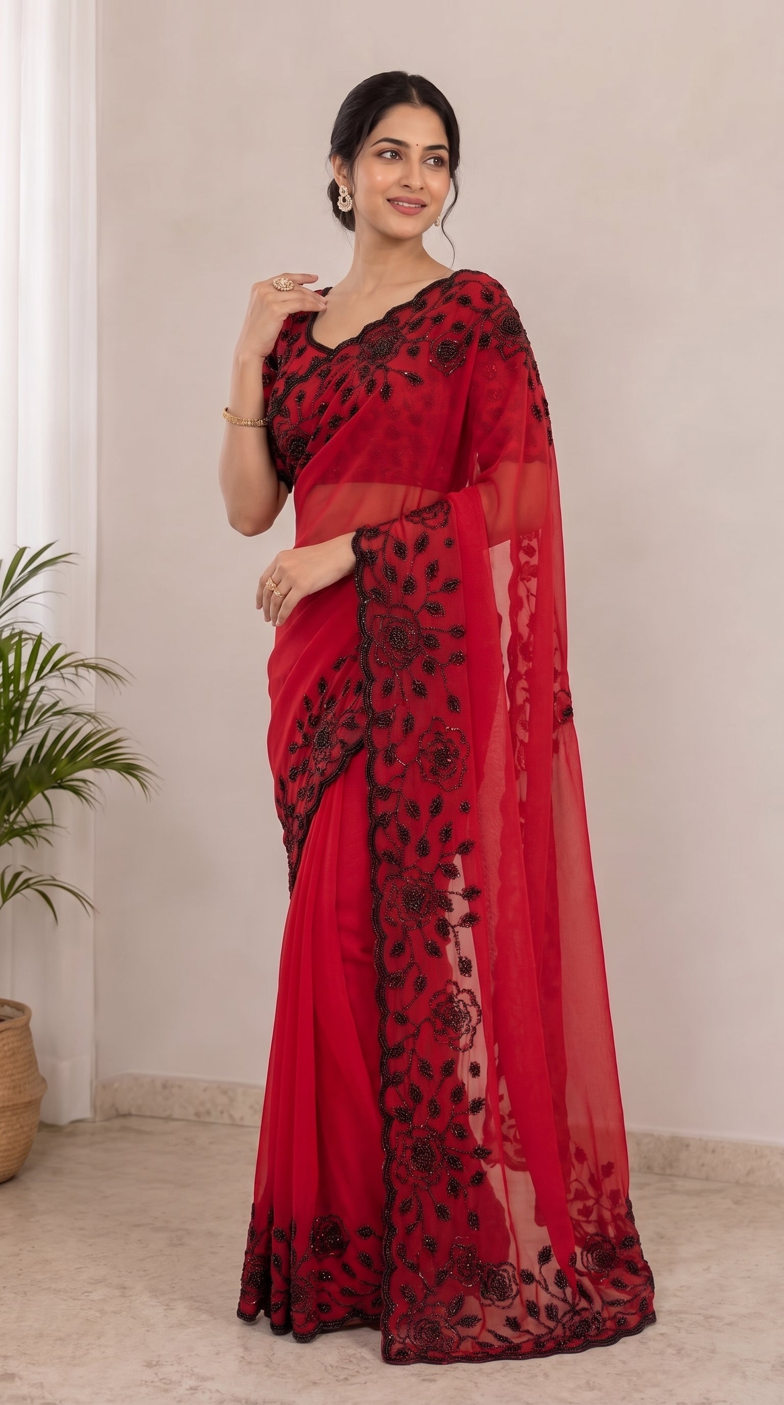 Designer Fox Georgette Saree with Black Beads Work