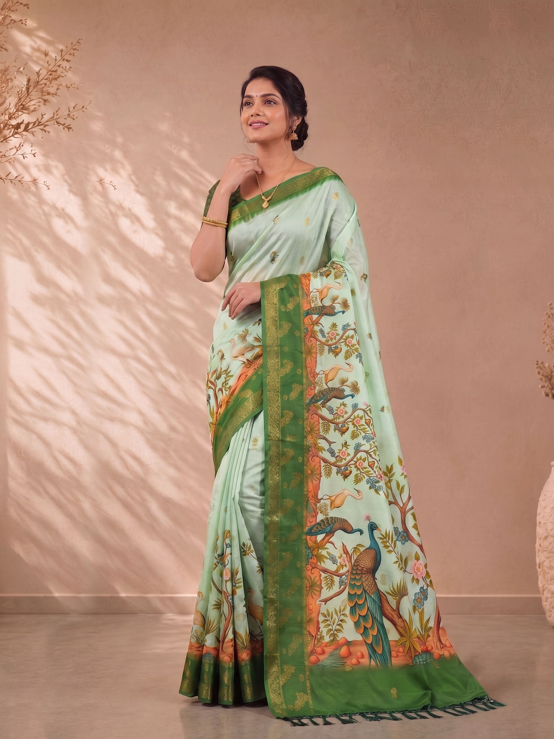 Digital Kalamkari Cotton Saree with Zari Border Main image