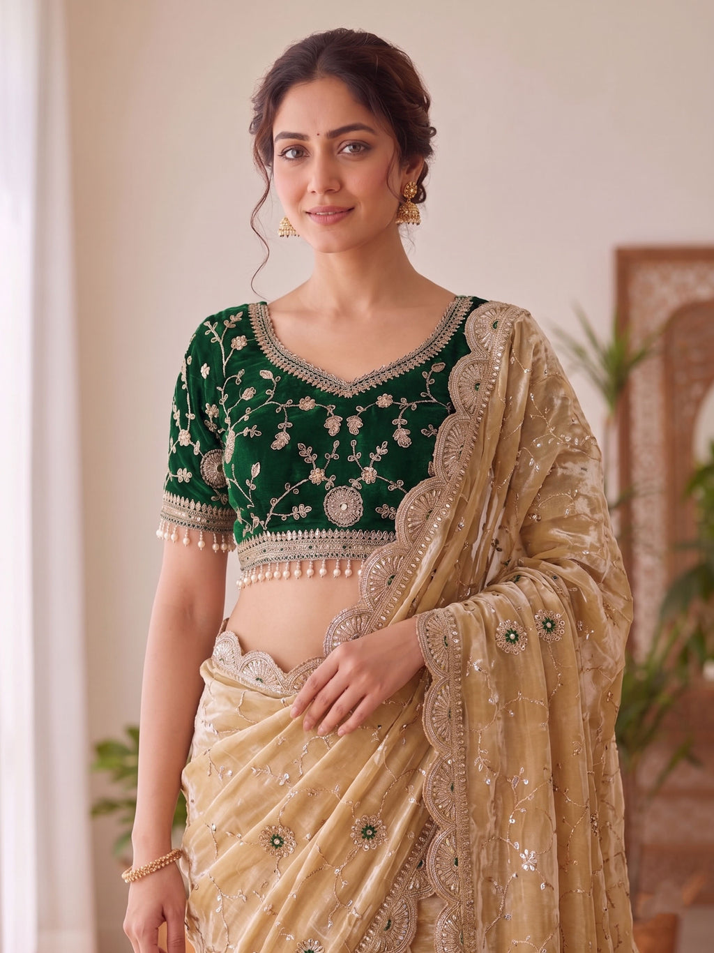 Embroidered Satin Saree with Heavy Sequin Blouse