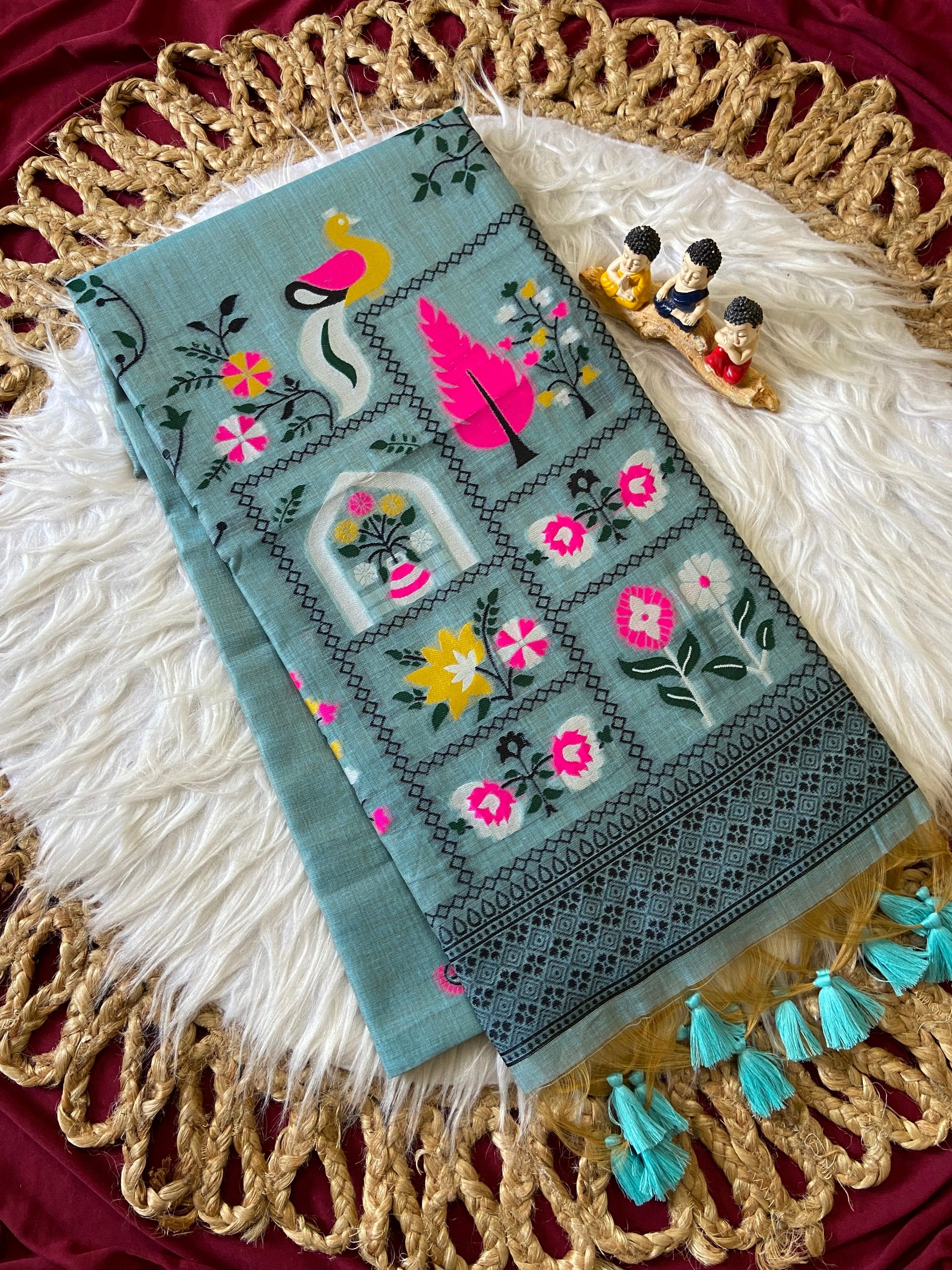 Premium Soft Jamdani Cotton Saree with 3D Peacock Weaving Pallu