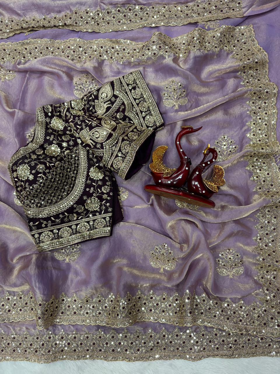 Elegant Satin Embroidered Saree with Sequins Border