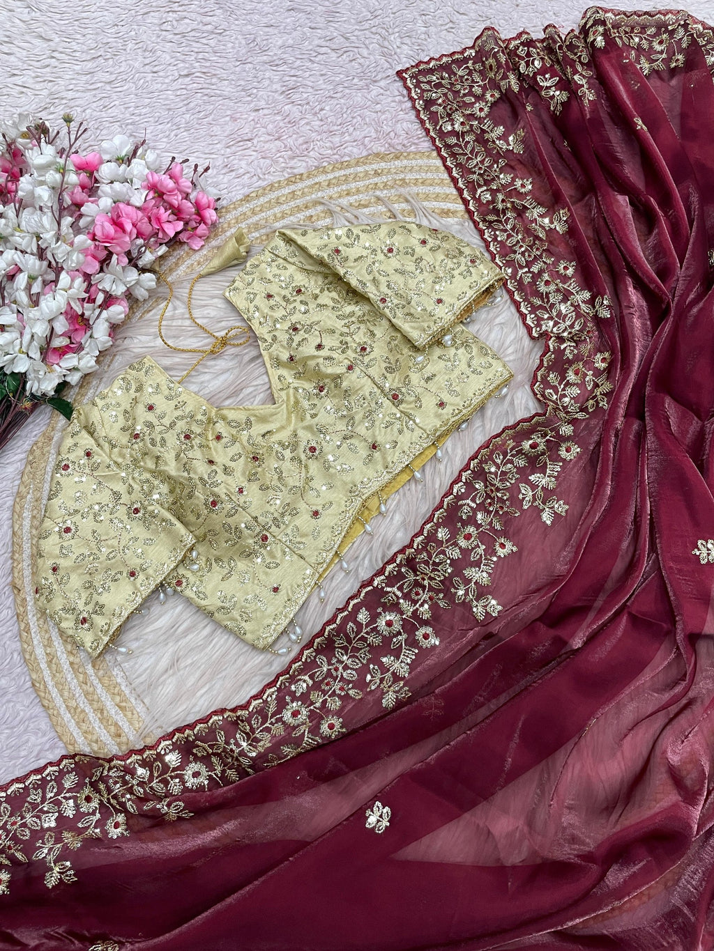 Fandy Satin C-Pallu Saree and Designer Stitched Blouse