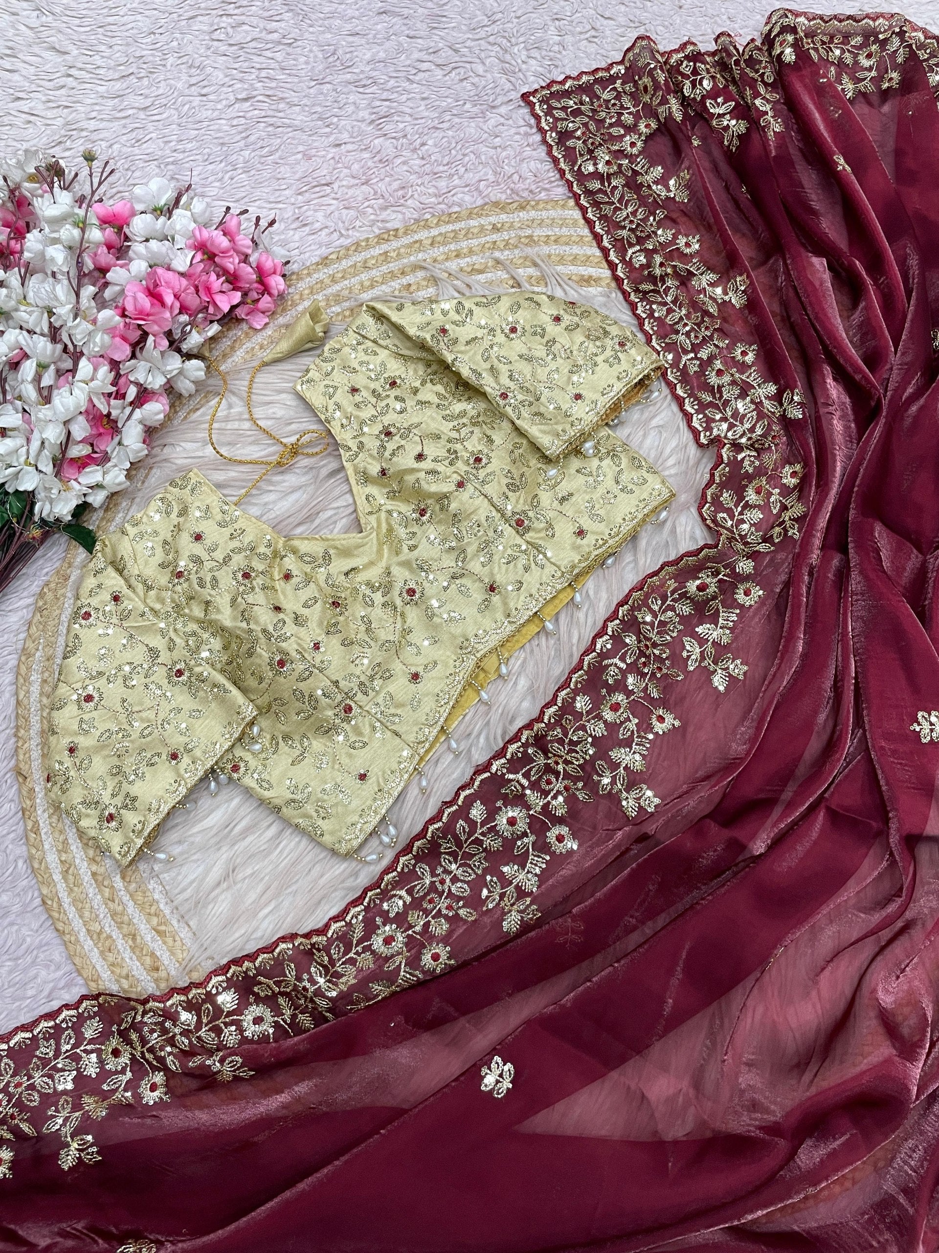 Fandy Satin C-Pallu Saree and Designer Stitched Blouse