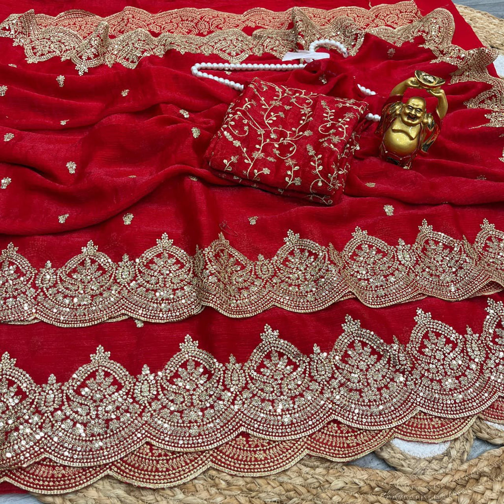 Premium Fandy Chiffon Saree with Sequins Zari Work