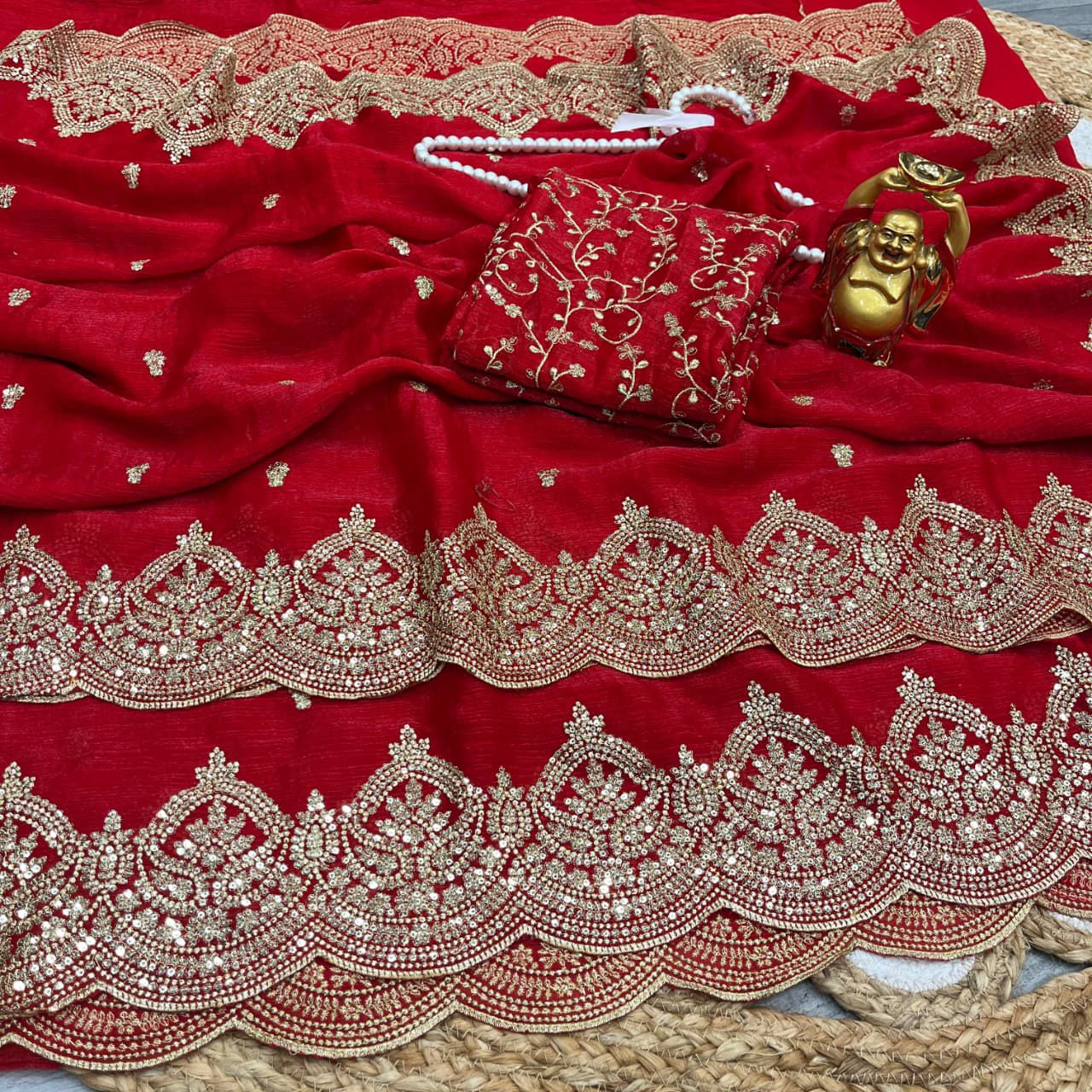 Premium Fandy Chiffon Saree with Sequins Zari Work
