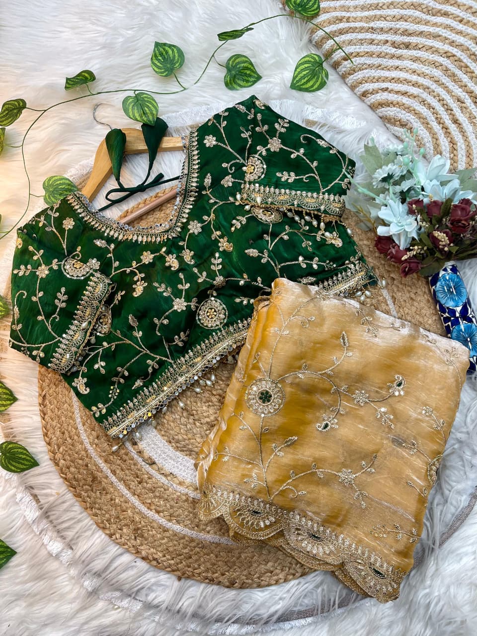 Embroidered Satin Saree with Heavy Sequin Blouse