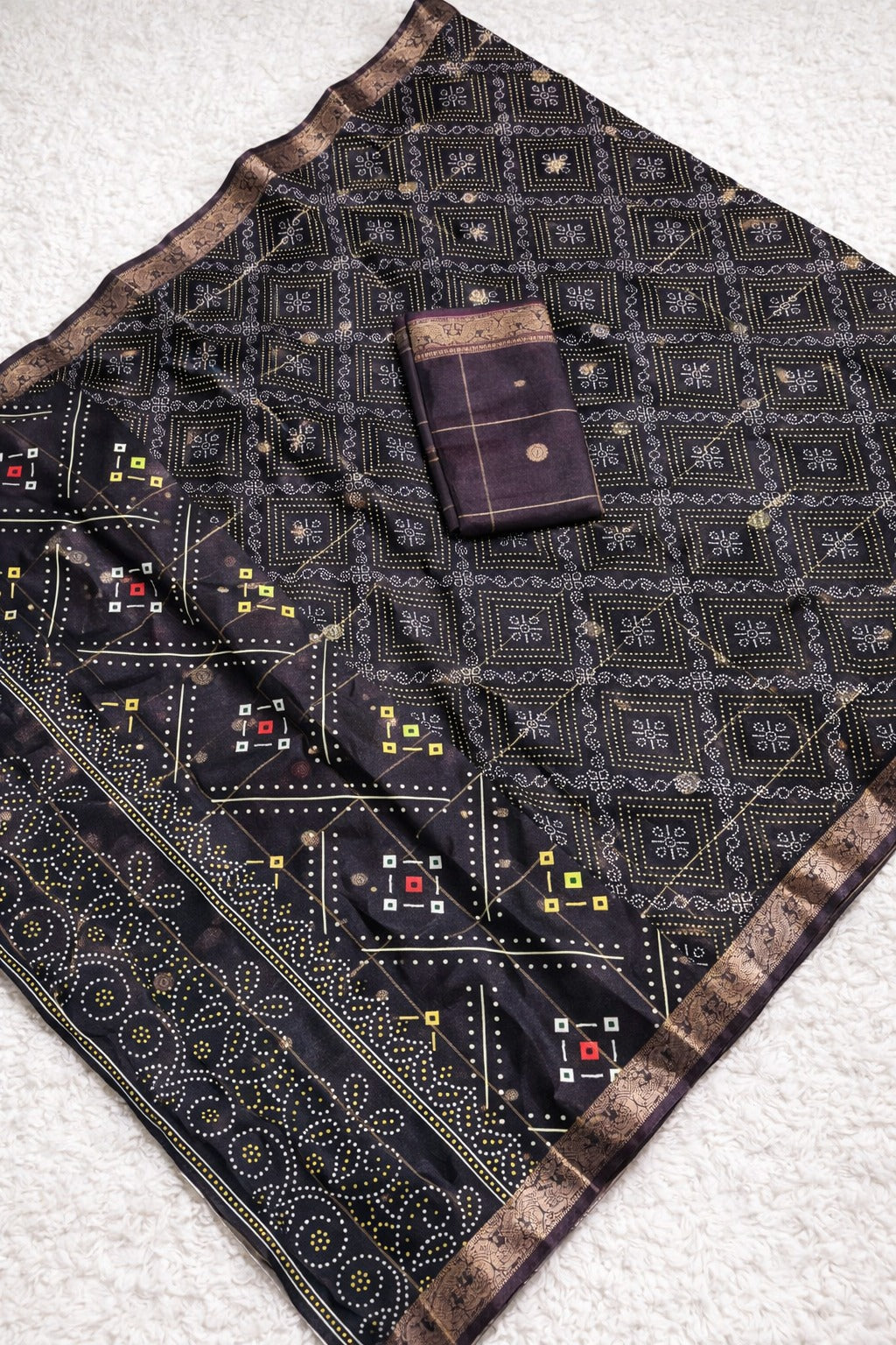 Bandhani Print Soft Silk Blend Saree with Rich Golden Zari Border