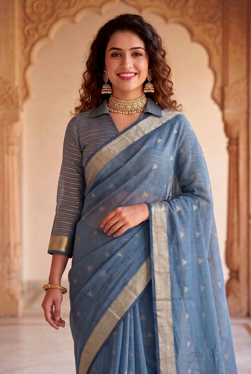 Gold Zari Linen Cotton Silk Saree