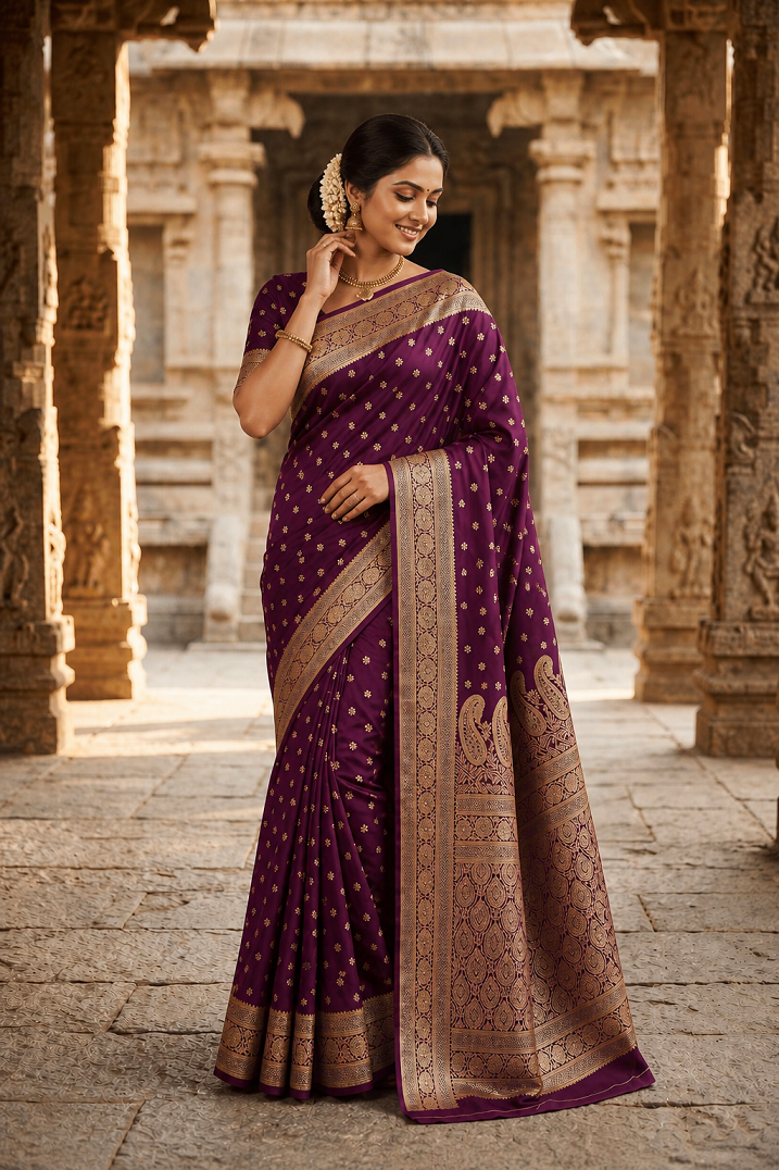 Banarasi Soft Silk Wine Color Golden Zari Buti Saree Secondary image