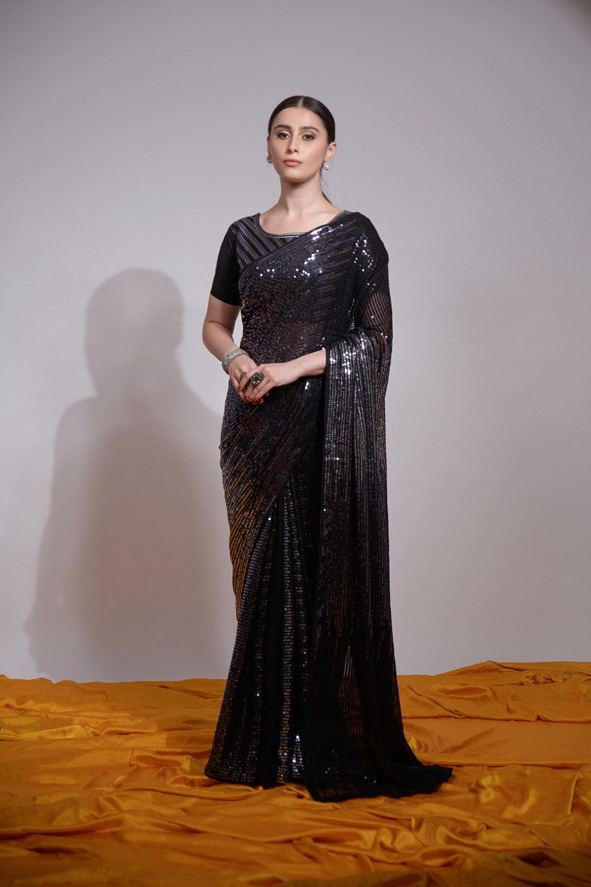 Luxuriant Black Color Georgette Saree