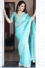 Opulent Soft Organza Sky Blue Color Saree