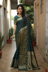 Attractive Bandhej Kanjivaram Mehndi Wear Green Color Silk Saree