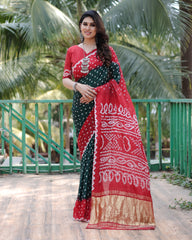 Adorable Bandhej Silk Saree Green With Red Color Saree