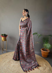 Classic Digital Print Silk Grey Color Saree