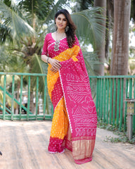 Adorable Bandhej Silk Saree Pink With Yellow Color Saree